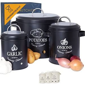HIKITCHEN Set voorraaddozen, perfect als aardappelpot, knoflookpan en uienpot, de meest stijlvolle manier voor nog langer verse groenten (zwart)