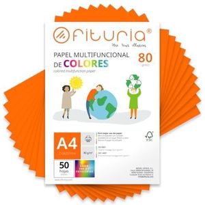 Kleurpapier, verpakking met 50 vellen A4, 80 g, kleurrijk papier voor knutselwerk, printer, scrapbooking, ideaal voor Origami, Papyroflexia, kantoor en school (oranje, 50 uur)