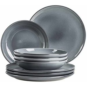 MÄSER Serie Livio, bordenset voor 4 personen met platte borden en soepborden in moderne Scandinavische vorm, 8-delig tafelservies, steengoed, grijs