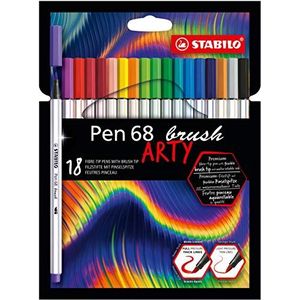Premium viltstift met penseelpunt voor verschillende schrijfbreedtes - STABILO Pen 68 brush - ARTY - 18 stuks etui - met 18 verschillende kleuren