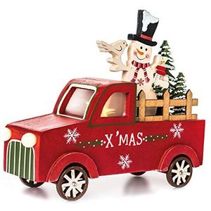 EUROCINSA vrachtwagen van hout met lampen (zonder batterijen) met kerstmotieven rood, naturel en groen 20 x 17 cm 2 stuks, eenheidsmaat