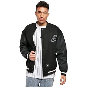 STARTER BLACK LABEL Collegejack voor heren, hoogwaardig team jack met logo stick, kunstleren mouwen en drukknoopsluiting, maten S tot XXL, zwart, XXL