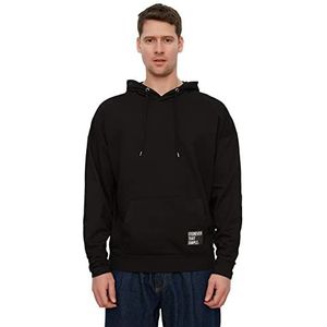 Trendyol Heren Zwart Oversize lange mouwen Label Appliqué Basic Hooded Sweatshirt, XS