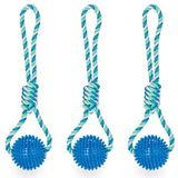 Relaxdays speelbal met touw, set van 3, hondenspeelgoed, Ø 8,5 cm, trekspeelgoed, bal, tandverzorging, blauw