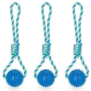 Relaxdays speelbal met touw, set van 3, hondenspeelgoed, Ø 8,5 cm, trekspeelgoed, bal, tandverzorging, blauw