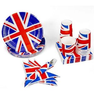 SHATCHI Mok/tafelkleed/bordenservetten, servetten, koning kroning, feestaccessoires, GB, Groot-Brittannië, sportevenement, kroeg, koninklijk thema, Union Jack, 46-delige tafelwarenset