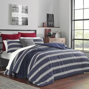Nautica | 100% Katoen Gezellig & Zacht, Duurzaam & Ademend Gestreept Dekbed & Bijpassende Sham(s), Navy/White, Queen