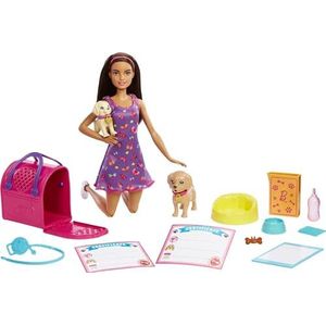 Barbie Poppen en Accessoires Pup Adopteren, speelset met pop, brunette, in paars, 2 puppy's, van kleurveranderend dier en hondentoilet, werkende reismand en 10 onderdelen, HKD86
