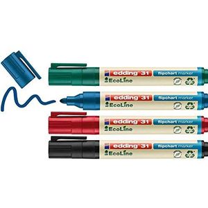 edding 31 Ecoline flipchart marker set - diverse kleuren - 4 stiften - roonde punt 1,5-3 mm - stift voor schrijven en markeren op flip-over papier - drukt niet door - droogt niet uit - navulbaar