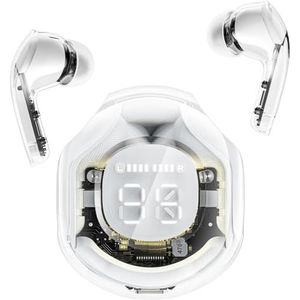 Clear Beat Draadloze hoofdtelefoon Bluetooth 5.3, transparant design, kristalhelder geluid, IPX4 waterdicht, beschermhoes met smartphone-opladen, geïntegreerde microfoon, looptijd 2-3 uur, USB-C (wit)