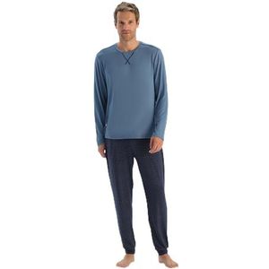 Heren Blue Stitch Detail T-shirt met lange mouwen, pyjamaset, L, blauw, L