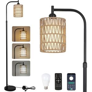 Rayofly Dimbare Vloerlamp Woonkamer, Rotan Vloerlamp met Afstandsbediening, App-Bediening, Boho Vloerlamp met Rotan & Linnen Lampenkap, Vintage Vloerlamp voor Slaapkamer, in Hoogte Verstelbaar