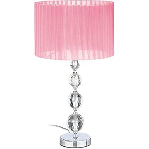 Relaxdays tafellamp, met kristal design, H x Ø 54 x 29,5 cm, schemerlamp E27 fitting, ronde nachtkastlamp van stof, roze