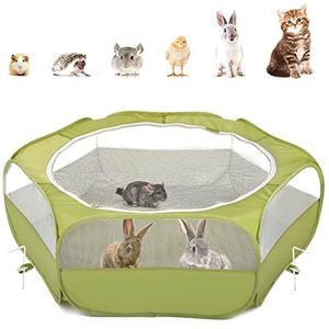 Pawaboo Kinderbox voor kleine dieren, waterdichte kooitent voor kleine huisdieren met hoes met ritssluiting, draagbaar tuinhek voor buiten met 3 metalen stangen voor kitten/puppy/cavia, konijnen/hamster/chinchilla's, groen