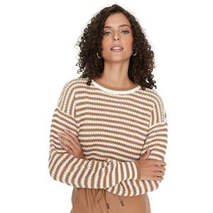 Trendyol Dames ronde hals gestreepte Regular Sweater sweatshirt, Ecru, M, Ecru, M