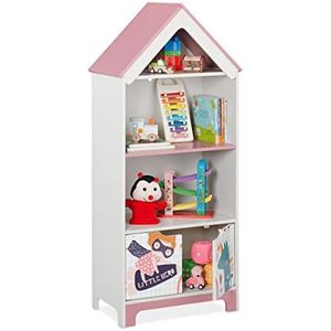 Relaxdays kinderkast, little hero print, 4 vakken voor speelgoed, HBD 116x51x30cm, kinderboekenkast met deuren, wit/roze