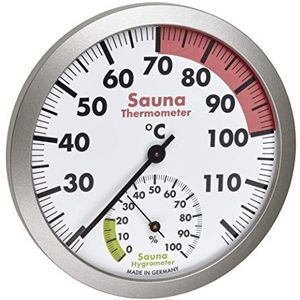 TFA Dostmann analoge sauna thermo-hygrometer, 40.1055.50, meting van temperatuur en luchtvochtigheid in de sauna, met comfortzones, hittebestendig,L 120 x B 37 x H 120 mm,wit/zilver