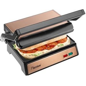 Bestron Elektrische contactgrill met opvangbak, sandwichmaker met cool-touch-handgreep en 180° opening, paninimaker met anti-aanbaklaag, instapmodel, Copper Collection, kleur: koper