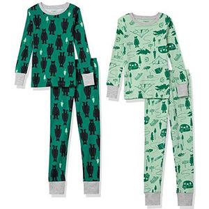 Amazon Essentials Katoenen pyjamasets voor peuters, uniseks, met nauwsluitende pasvorm, set van 2 stuks, groene ijsbeer/mintgroen, Happy Camper, 2T