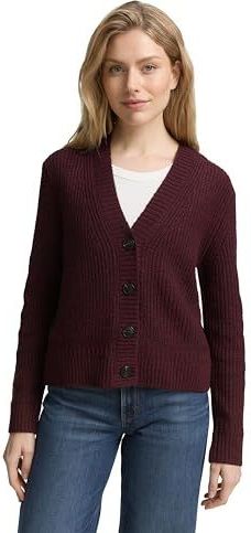 TOM TAILOR - Gebreid Vest - Wijnrood - V-hals - Lange Mouw