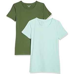 Amazon Essentials Dames Classic-Fit T-shirt met korte mouwen en ronde hals, pak van 2, militair groen/mintgroen, XS