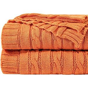 NTBAY 100% puur katoenen kabelgebreide deken, superzachte warme gebreide deken voor bank, sofa, stoel, bed - extra gezellig, machinewasbaar, comfortabele woondecoratie, oranje, 130 x 170 cm