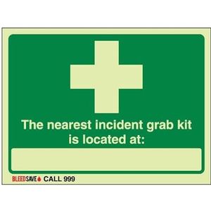 Bleedsave De dichtstbijzijnde incident grab kit bevindt zich - oproep 999 200 x 150 mm - Glow In The Dark zelfklevende vinyl veiligheidsbord