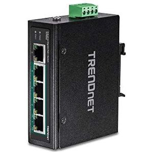 TRENDnet TI-PG50 5-poorts geharde industriële niet-beheerde gigabit switch, 10/100/1000 Mbit/s, DIN-Rail switch, 4 x Gigabit PoE + poorten, 1 x Gigabit poort