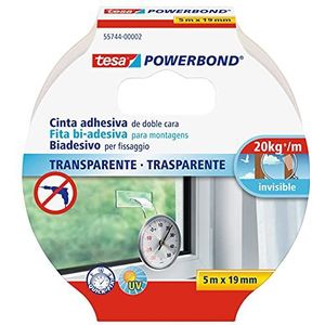 tesa Powerbond Transparant dubbelzijdig plakband, uv-bestendig, voor het bevestigen van glazen en transparante voorwerpen, houdt tot 2 kg per 10 cm - 5,0 m x 19 mm