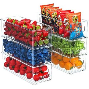 FINEW Koelkast-organizer, set van 6 stapelbare keuken-opbergdozen, koelkastbox met handvat, doorzichtige voedselopslag voor kasten, vriezer, eetkamer - BPA-vrij