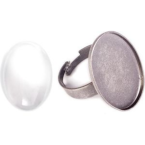 INNSPIRO Medaillon-ring van metaal, verstelbaar, ovaal, antiek zilver, met cabochon-glas, 18 x 25 mm, 18x25mm, Metaal