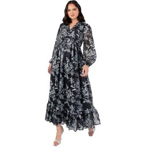 Lovedrobe Maxi-jurk voor dames, V-hals, lange ballonmouwen, bloemenprint, ruches, ruches, sleutelgat rug, A-lijn, avondgelegenheid, zwart 16, Zwart, 42