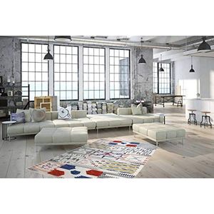 Katoenen tapijt, handgemaakt, vlakpolig, modern design, ivoor, multi