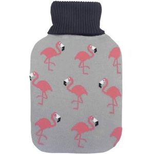 Mimo warmwaterkruik 1,7 l met elegante grijze voering en betoverende flamingo's, afmetingen: 20 x 32 x 4 cm, flexibel en zacht in de hand voor optimaal welzijn.