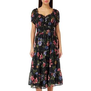 Lovedrobe Dames Midi Dress Ladies Sweetheart Neck Short Puff Sleeve Frilly Ruffle Detail Floral Print A-lijn Smart Casual, Black, 12, zwart, 40