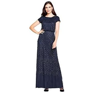 Adrianna Papell Women's Short Sleeve Blouson Beaded Gown, Navy, 14