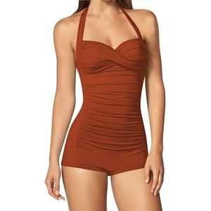 Sovoyontee Badmode voor dames, eendelig, buikcontrole, Boyleg Ruches Badpak, Verbrand Oranje, M