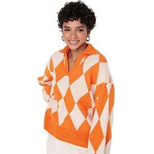 Trendyol Vrouwen Polo hals diamant patroon Regular Sweater Sweater, oranje, L, ORANJE, L