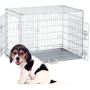Relaxdays hondenbench, thuis & auto, HBD: 66x91x60 cm, opvouwbare bench met bodemplaat, 2 deuren, greep, staal, zilver