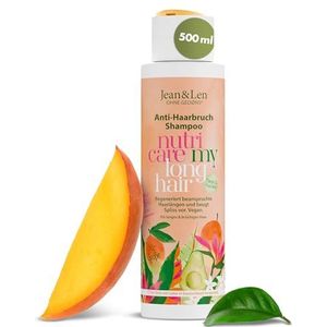 Jean & Len Shampoo Anti-haarbreuk Mango & Avocado, regenereert gespannen haarlengtes en voorkomt gespleten haarpunten, fruitige mango-geur, zonder siliconen & parabenen, veganistisch, 500 ml