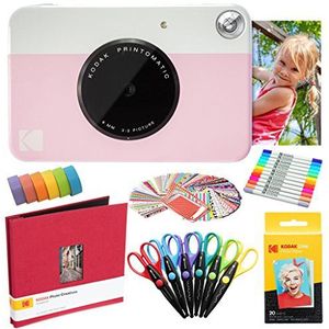 KODAK Printomatic Instant Camera (roze) kunstpakket + zink papier (20 vellen) + 8 x 8-stoffen verzamelalbum + 12 dubbele punten markeringen + 100 stickers + 6 scharen + Washi Tape