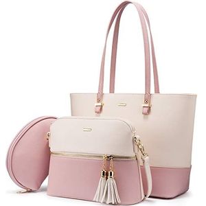 LOVEVOOK Handtas voor dames, schoudertas, handtassen, draagtas, groot, designer elegante schoudertas, hengseltas, set 3-delige set, beige + roze, 3pcs Set, Hedendaags