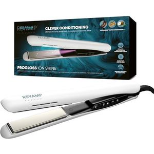 REVAMP Progloss Ion Shine keramische stijltang, met ionentechnologie voor pluisvrij resultaat, met Progloss Smooth keratine-, argan en kokosolie, variabele warmte-instellingen, wit