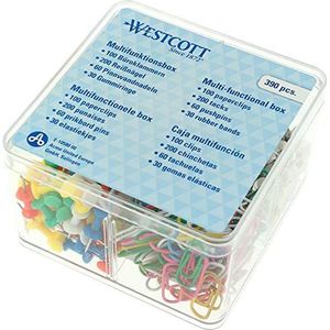 Westcott Multifunctionele doos, kantoordoos, 390 delen, paperclip, punaises, prikbordnaalden, rubberen ringen, kleurrijk, transparant, E-10580 00