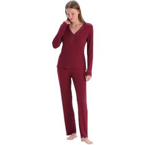 Dagi Damson gebreide pyjamaset met regular waist hemdje met lange mouwen en V-hals, Damson, M