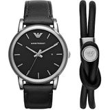 Emporio Armani Zwart Leren Horloge met Drie Wijzers en Datum en Armband Set