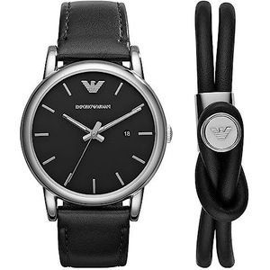 Emporio Armani Zwart Leren Horloge met Drie Wijzers en Datum en Armband Set