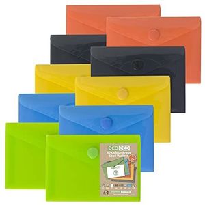 eco-eco A7 50% gerecycleerd diverse kleuren Press Stud Popper portemonnee, plastic mappen (Pack van 10), groen, zwart, blauw, geel, oranje, eco077x2