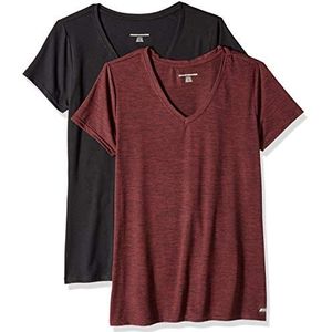 Amazon Essentials Dames Tech Stretch T-shirt met korte mouwen en V-hals (verkrijgbaar in grote maten), 2-Pack, Bordeauxrood Ruimteverf/Zwart, L