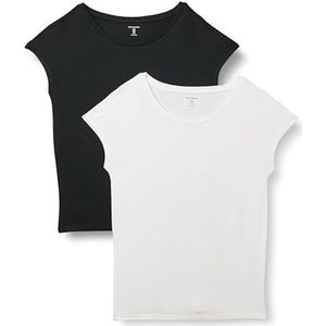 Amazon Essentials Dames Jersey Standard-Fit T-shirt met korte mouwen boothals, verpakking van 2, zwart/wit, S